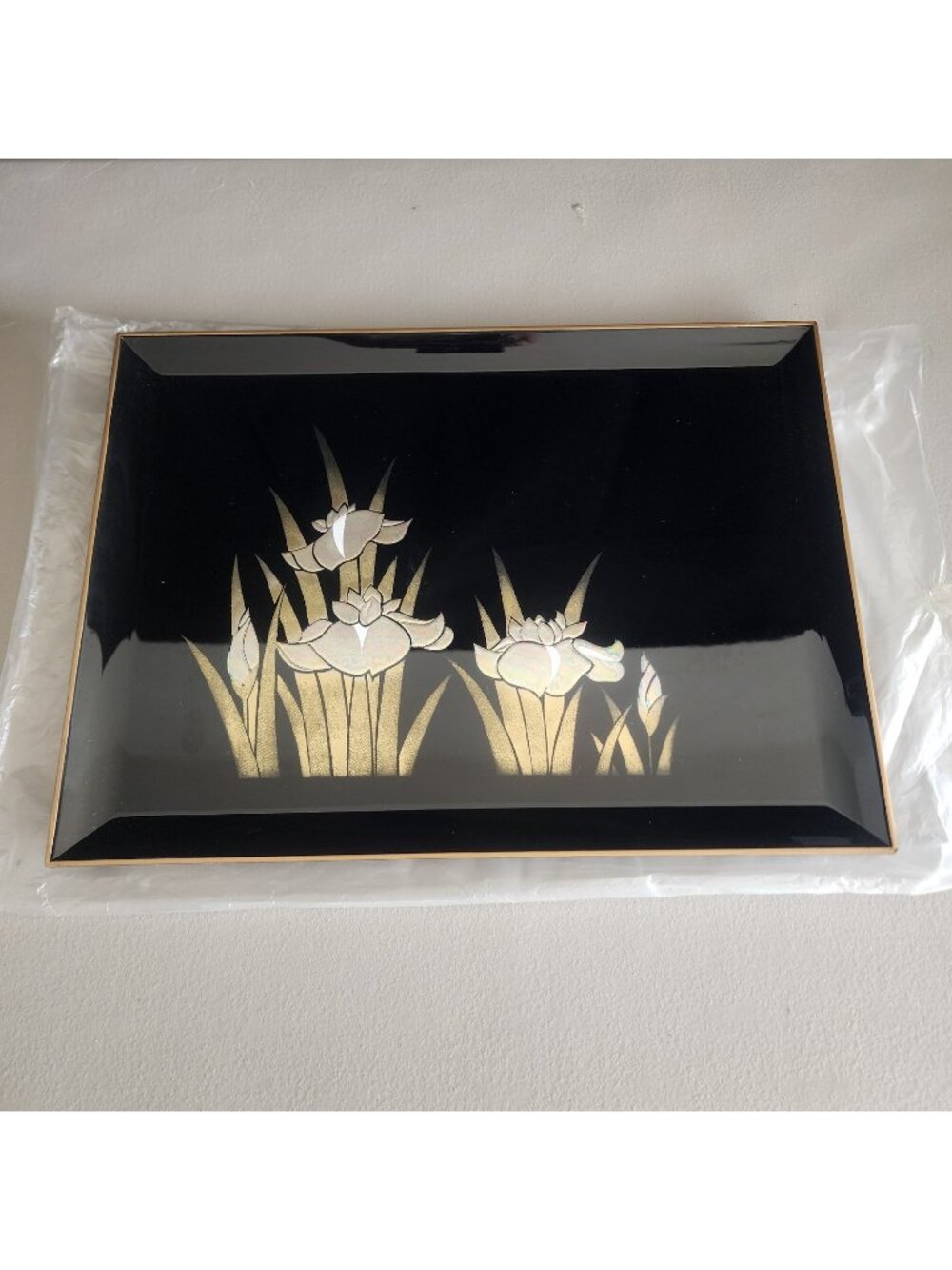 Vintage Otagiri Japan Black Lacquer Tray - Golden Iris Design - New